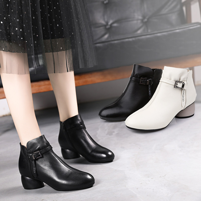 Short Boots Woman Autumn Winter 2020 New Coarse Heel Martin Boots Woman Single Boot Short Barrel Genuine Leather Nude Boots 100 Hitch Heel Women Boots