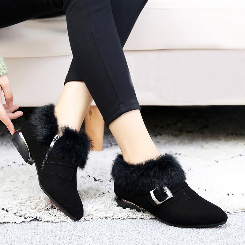 2021 new autumn and winter gush cotton shoes genuine leather women's shoes flat bottom 100 lap custard low heel rabbit hair shoes fashion tide