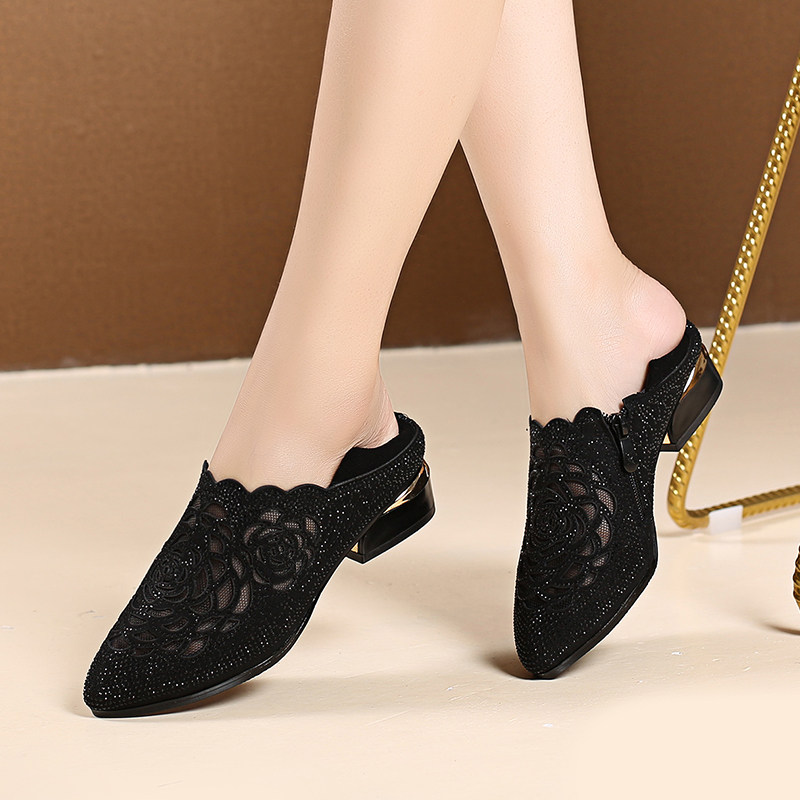 Shoes Children Spring Fall 2020 New Coarse Heel Single Shoes Fashion Deep Mouth Pointed Water Drill Hollowed-out Flat Bottom 100 Hitch Shoes