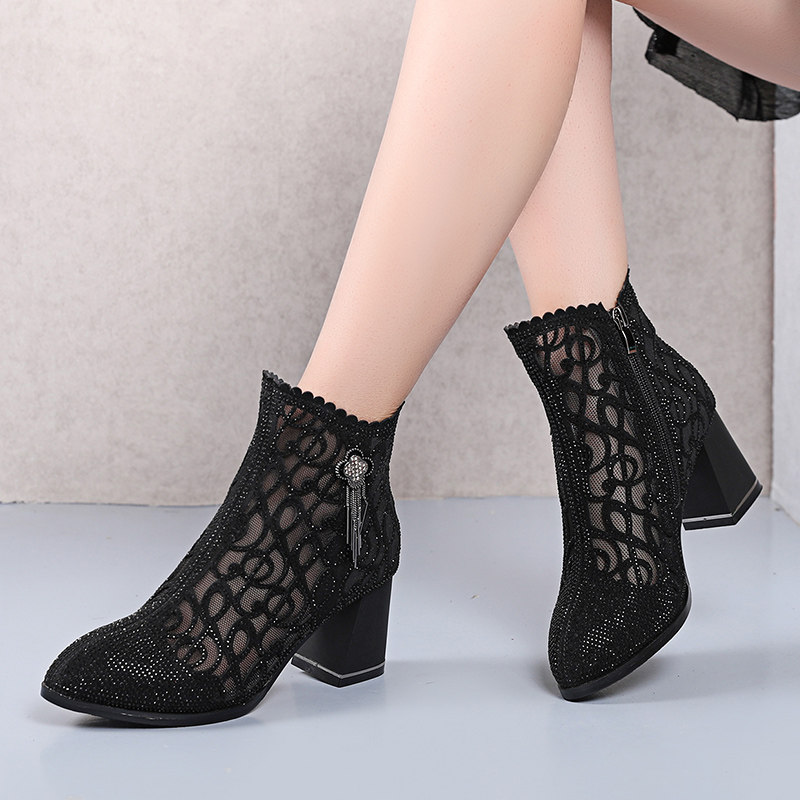 Short Boots Woman Spring Autumn Single Boots 2021 New Coarse Heel Martin Boots Women's Water Drilling Mesh Gauze Hollowed-out Boots 100 Hitch Boots