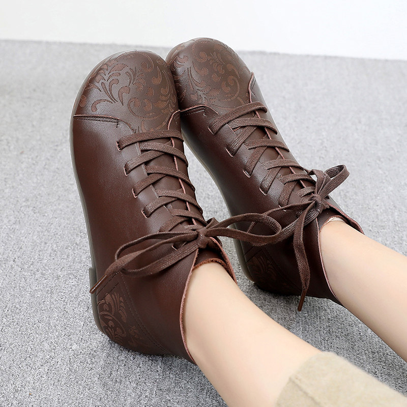 National Wind Moms Shoes Spring Autumn Comfort Soft Bottom Genuine Leather Flat Heel Retro Lady Leather Shoes Short Boots Single Boot Plus Suede Cotton Shoes