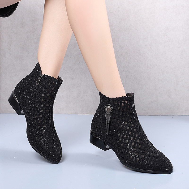 Short boots women's spring and autumn single boots 2022 new thick heel mesh summer fashion rhinestone hollow mesh boots all-match women's shoes