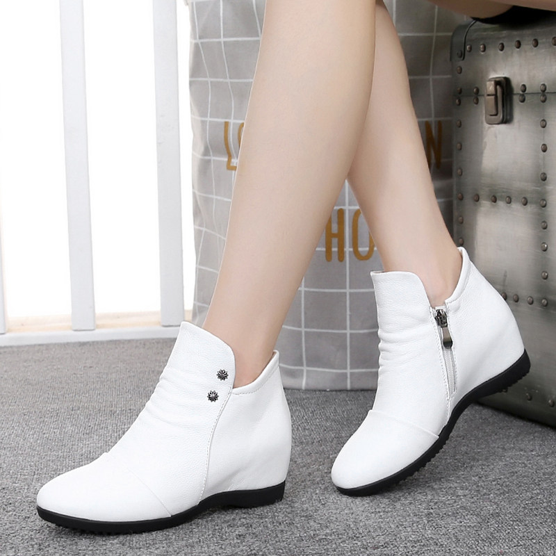 2021 new fall/winter leather women's shoes with increased slope heel flat shoes four seasons shoes casual shoes women's small white shoes