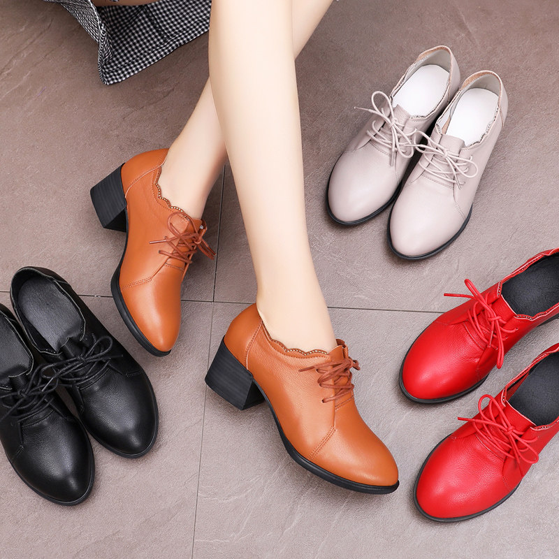2020 New Packs Shoes Women's Genuine Leather Shoes With 100 Hitch Fashion Middle Aged Mother Shoes Spring Autumn Season Rough Heels