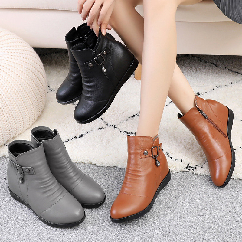 Short boots woman 2022 new spring and autumn women's shoes inner heightening single boots genuine leather slopes heel leather shoes middle aged mother shoes winter plus suede