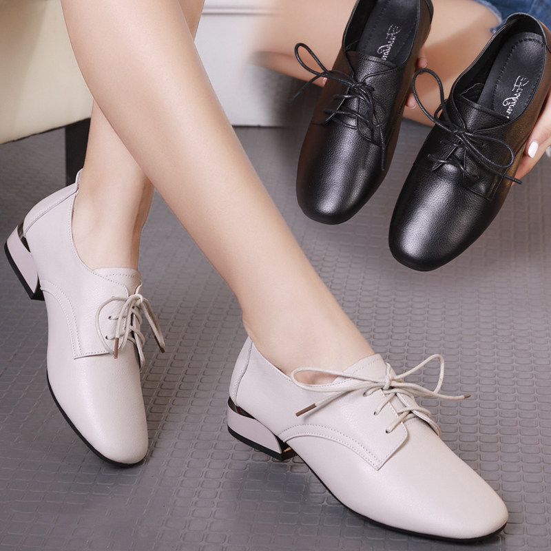 Shoes women's spring 2022 new thick-heeled British single shoes women's leather fashion square toe lace-up all-match low-heeled women's shoes