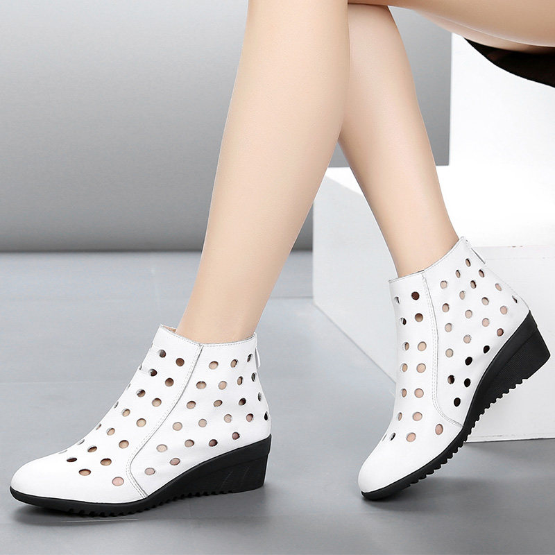 Short Boots Lady 2022 New Spring Summer Season Single Boots Flat Bottom Cool Boots Genuine Leather Hollowed-out Dongle Shoes Comfort Slopes Heel Women's Shoes