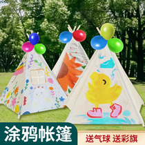 Childrens hand-painted tent handmade diy painting graffiti painted small tent fabric outdoor parent-child activity game house