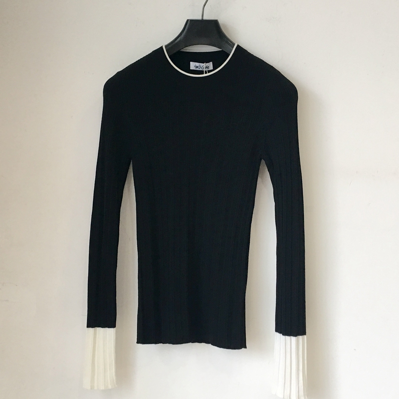 Tang's Store 100% Wool Color-Block Round Neck Slim Fit Base Shirt Wool Sweater