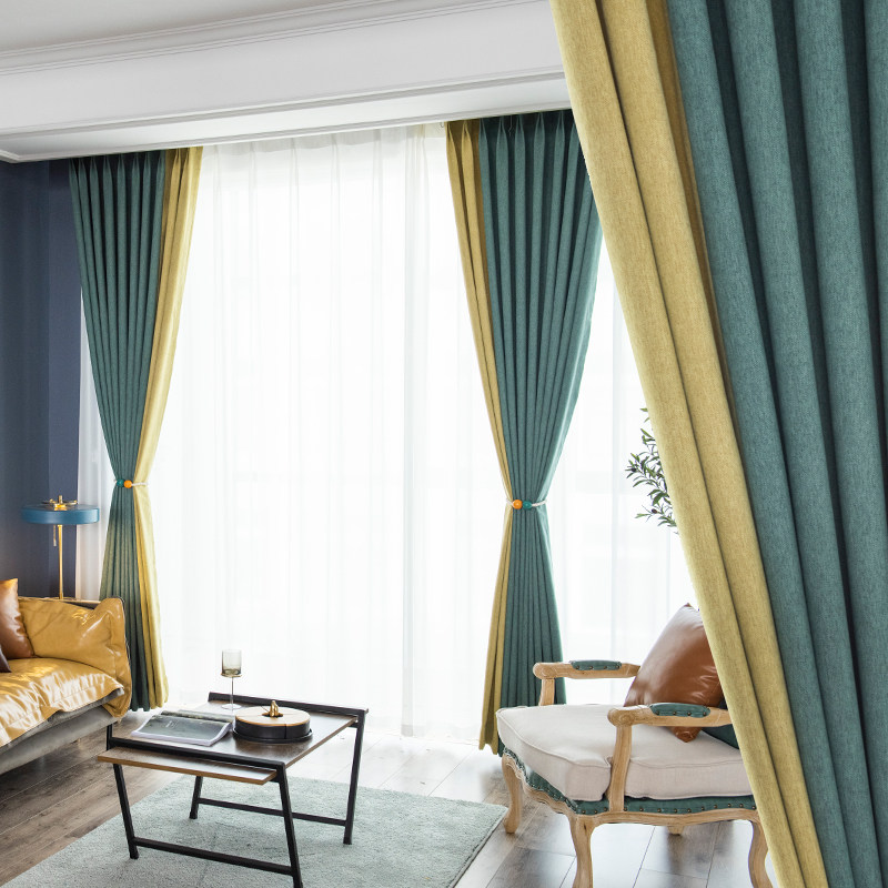 Thickened blackout curtain cloth finished Nordic simple solid color stitching living room balcony bedroom study bay window shade cloth