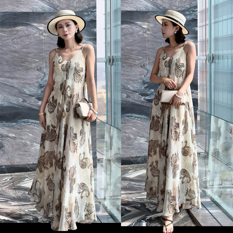 Island Vacation Style Spaghetti Strap Dress for Women, Paisley Print Dress, Over-The-Knee, Lightweight, Breathable, Beach Long Dress, 2026 Spring/Summer Collection