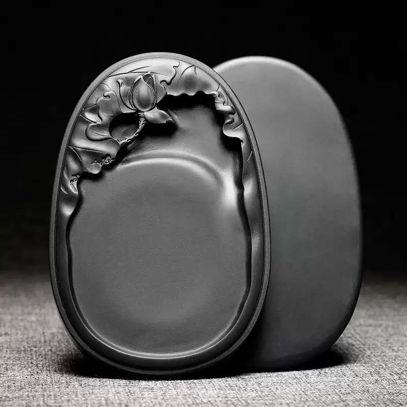 天然原石高档歙砚书法专用莲花砚台带盖夏荷玉兰素砚文房四宝高档砚台