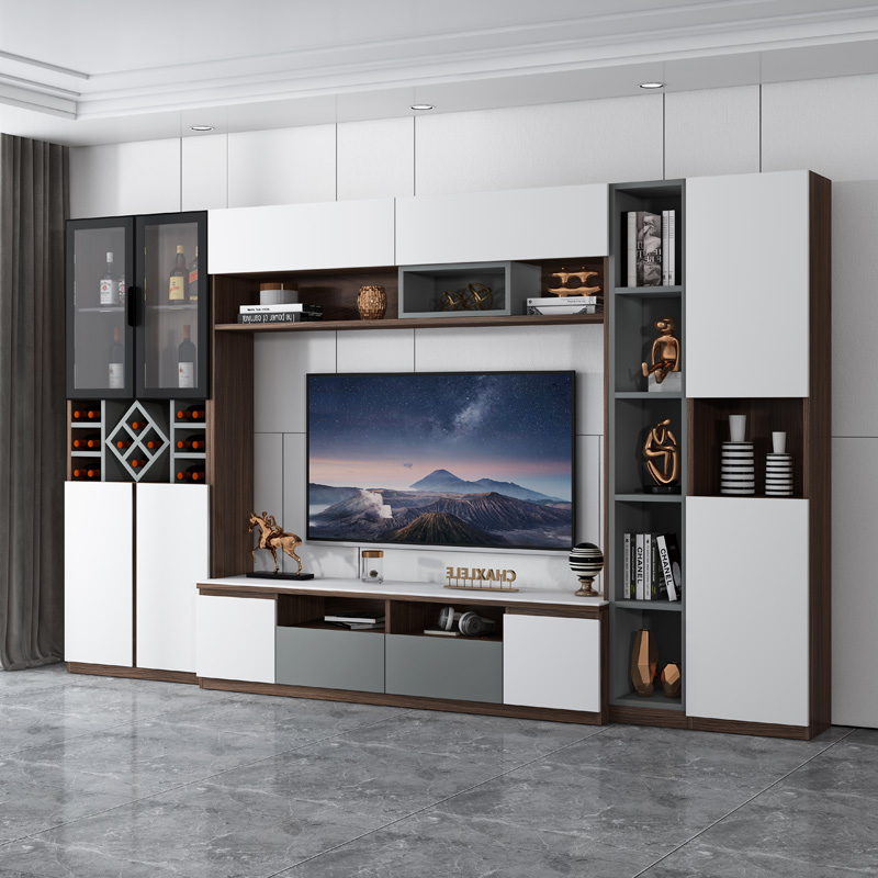 Light Extravagant Solid Wood Composition 65 Inch TV Wall Cabinet Wine Cabinet 55 Inch Overall Rock Plate TV Cabinet Background Wall Integrated Cabinet