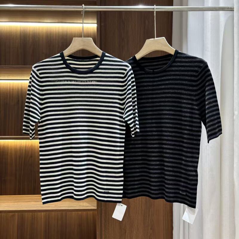 European Style Striped Knit Sweater for Women, Short-Sleeved, Round Neck, Slim Fit, Versatile Top, Knit Sweater S266524