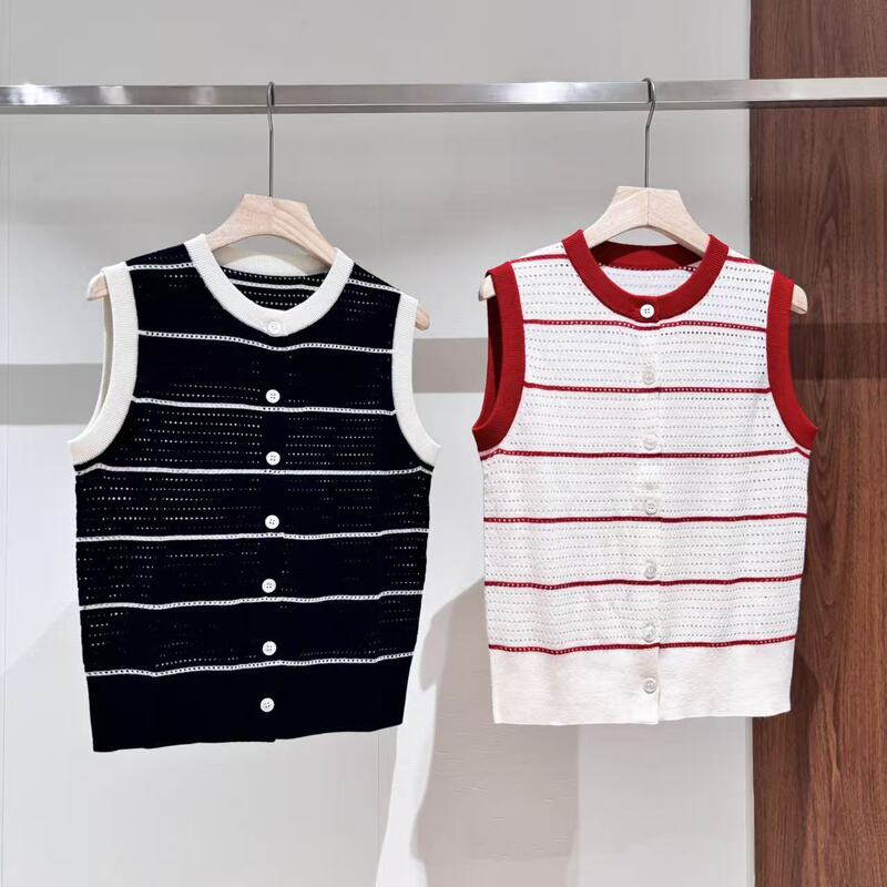 Sophie Boutique European Collection Round Neck Hollow Out Crochet Striped Knitted Vest Top