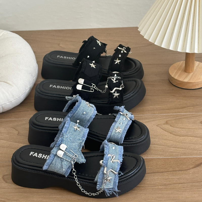 5cm Retro Thick-Soled Height-Increasing Slippers for Women, Summer Outdoor Wear, Star Chain Versatile Denim Casual Slide Sandals