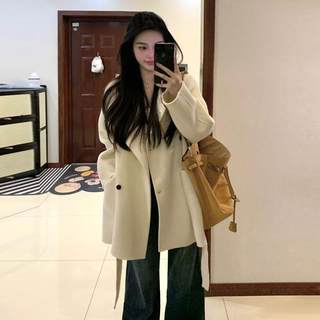 韩系米白色毛呢外套中长款小个子女冬季新款系带收腰显瘦呢子大衣