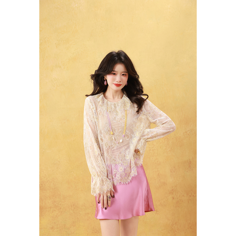 Dangdang Somes "Yue Xiao" Gold-Woven Lace Ruffled French-Style Water-Soluble Lace Shirt Dangdang Somes "Yue Xiao" Gold-Woven Lace Ruffled French-Style Water-Soluble Lace Shirt
