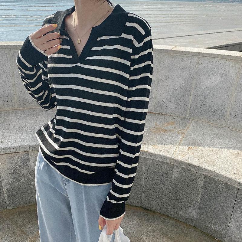 Nursing clothes spring and autumn fashion out nursing clothes small V-neck striped knitted polo shirt long-sleeved gentle top - Taobao