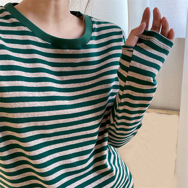 Nursing clothes autumn and winter mid-length version go out fashion nursing thumb button striped long-sleeved postpartum round neck inner top