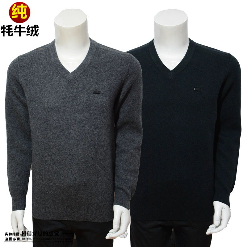 Đàn ông trung niên và người cao tuổi mới V-cổ áo len yak tinh khiết cashmere Áo len cao bồi Tangula áo len cha dày cashmere - Áo len Cashmere