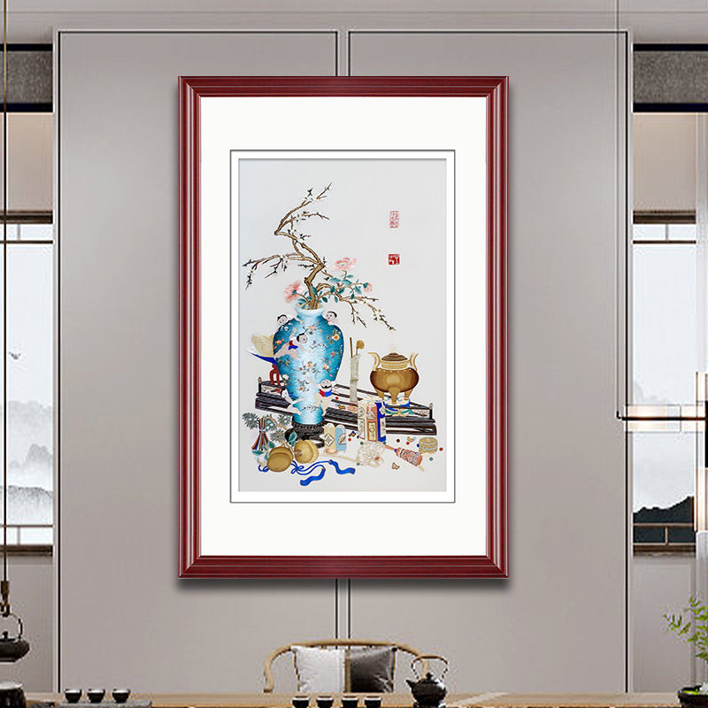 Jinwu Needle Su Embroidery Finished Paintings Handmade Embroidery Paintings Chinese Style Porch Decorative Paintings Living Room Paintings Eight Blessing Bottles
