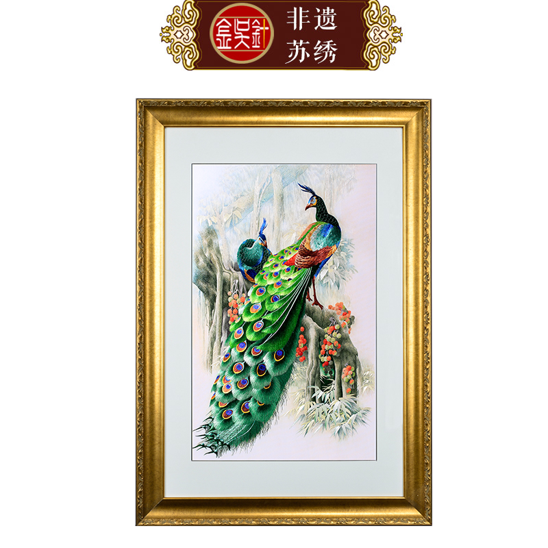 Jin Wu Xiaojiao pure hand-made embroidery painting of Souzhou embroidery finished product hanging painting of masonry bedroom silk decoration painting peacock depends