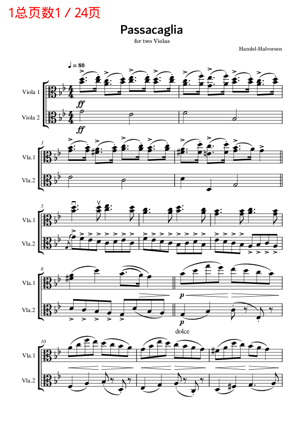 Handel Passacaglia Viola Duet Score and Part Audio