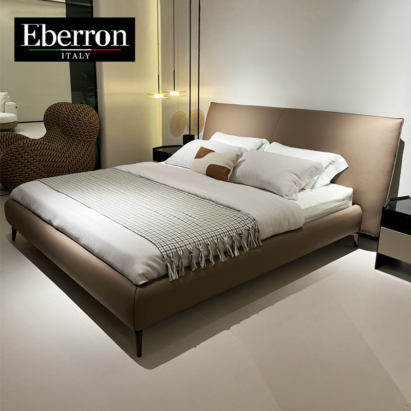 Alberton Chanel Genuine Leather Bed, Italian Minimalist Style, 1.8m Double Wedding Bed, Master Bedroom Designer High-End Soft Bed