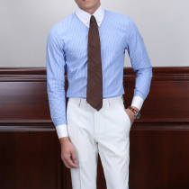 IsirHonour British gentleman collar pin collar color stripe slim long-sleeved shirt Vintage cotton shirt tide man