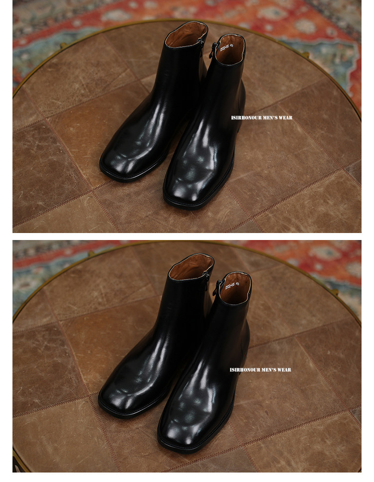 Men's Black Square Toe Korean Retro Cowhide Leather Zipper Chelsea