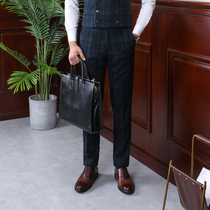 IsirHonour Original Retro Gentleman Green Plaid Wool Tine Pants Korean Casual Long Pants Men