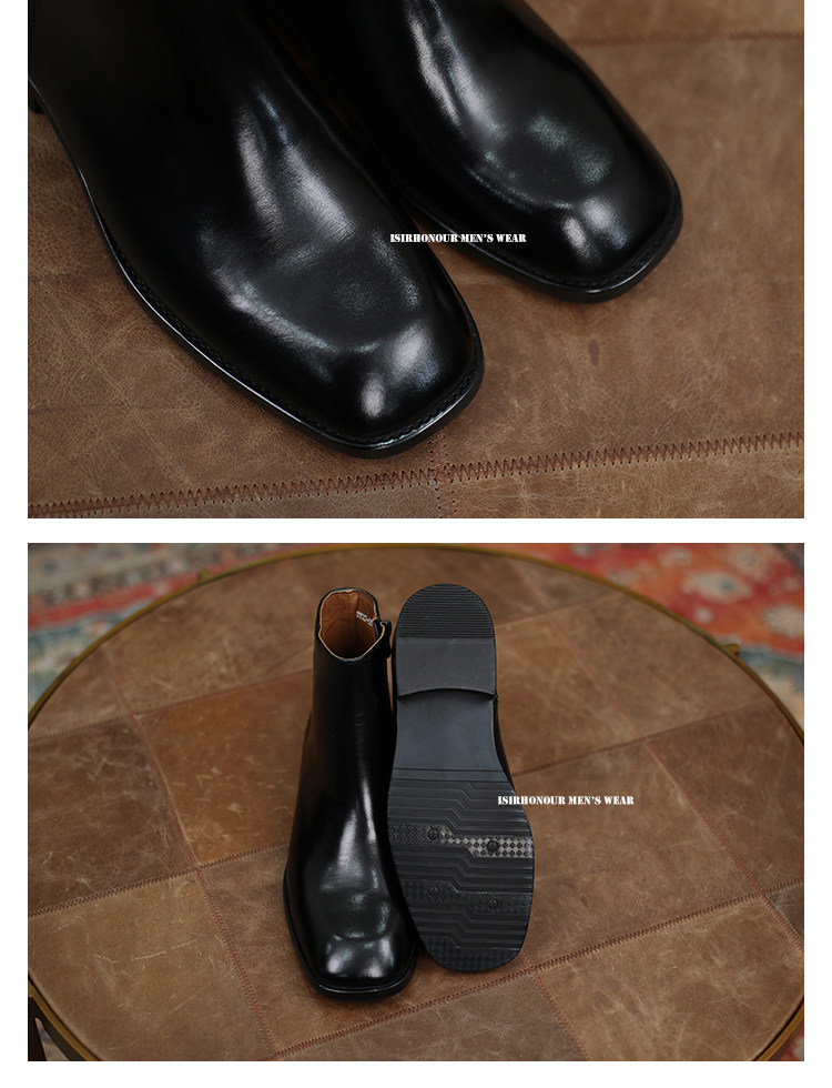 Men's Black Square Toe Korean Retro Cowhide Leather Zipper Chelsea