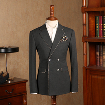 IsirHonour European and American big brand dark gray with gold edge double breasted suit retro gentleman slim suit suit men tide