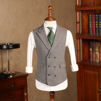 IsirHonour Vintage gentleman Houndstooth split collar Slim wool waistcoat Double breasted British mens horse clip