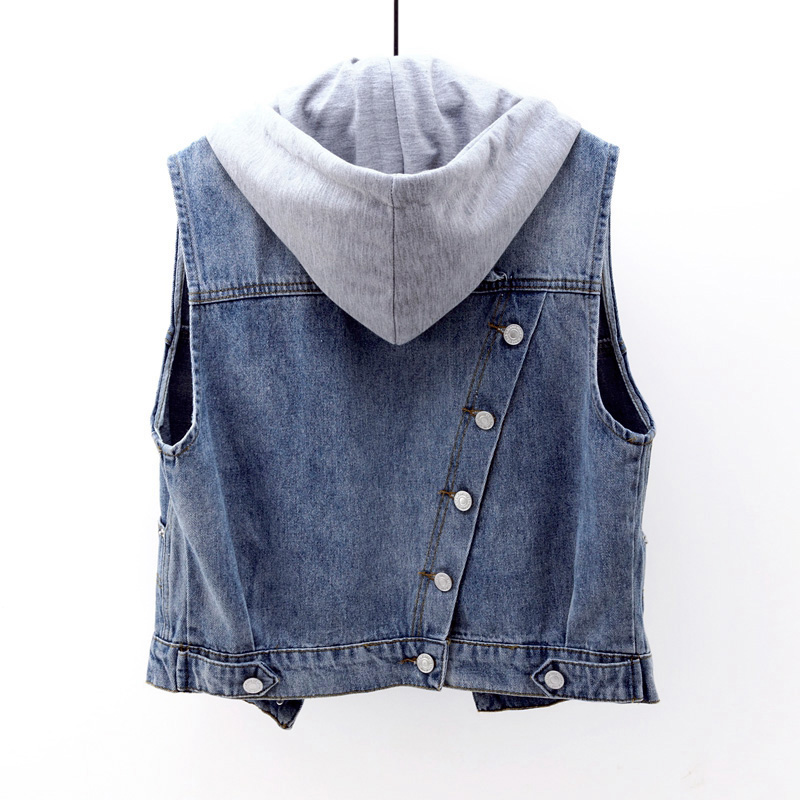 Denim áo giáp phụ nữ ngắn 2020 mùa xuân và mùa hè mới phiên bản Hàn Quốc của lỗ mở vest túi lớn có thể được loại bỏ đầu đội mũ trùm đầu