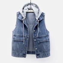 Denim vest womens short spring and autumn new hooded big pocket sleeveless jacket vest Joker loose waistcoat