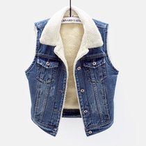 Denim vest womens short Korean version of autumn and winter new lambskin thickened warm vest wild slim cardigan top