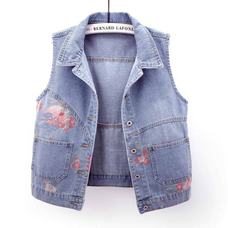2025 Spring and Summer New Denim Vest Women's Short Easiest for Match Slim Fit Printed Sleeveless Tops Showing Younger Top