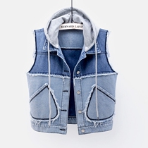 Denim vest womens short spring and autumn new Joker sleeveless jacket hooded color color horse clip top tide