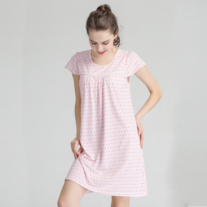 Breathable cotton nightdress with chest pad Bra-free bra integrated summer short-sleeved ladies mid-length skirt pajamas home service