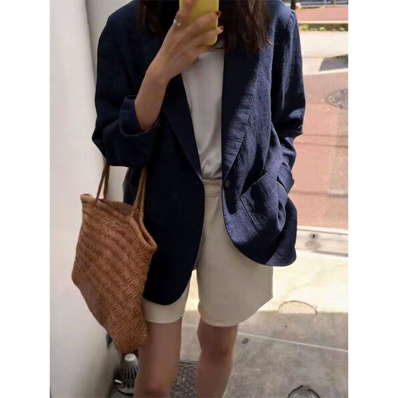 Blue Linen Blazer for Women, Summer Loose Casual Simple Versatile Thin Jacket, Cotton and Linen Small Suit