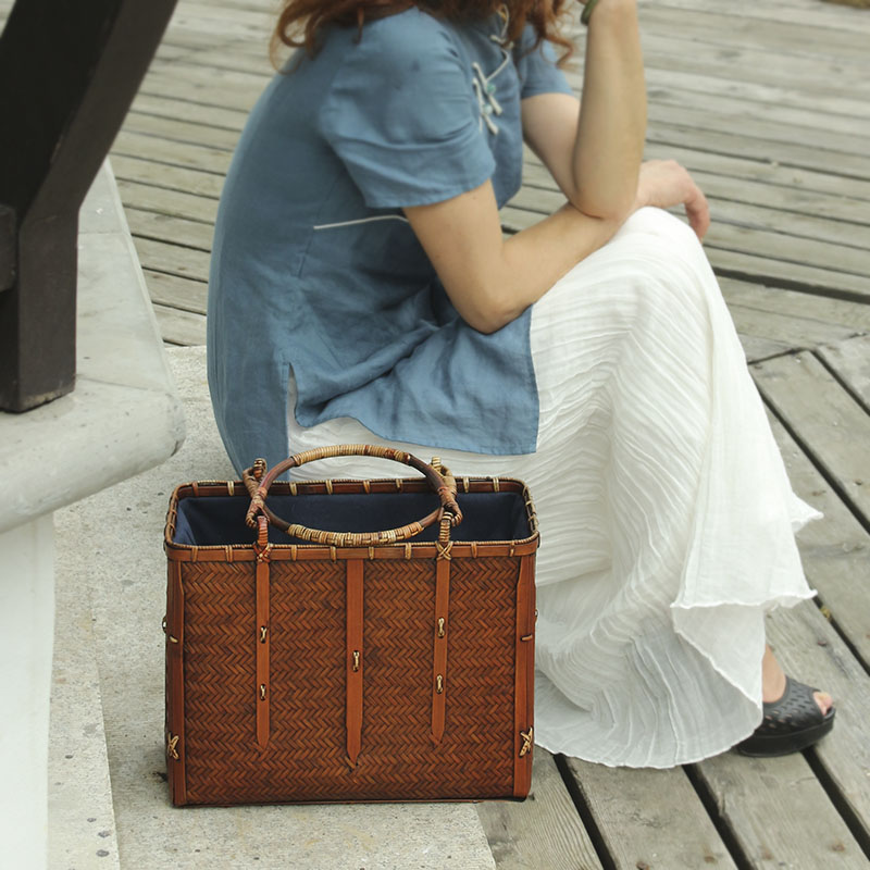 Bamboo-woven tea-channel tea set containing bag imitating ancient art and art brief Bamboo Weave Retro Handbag women sent to the house
