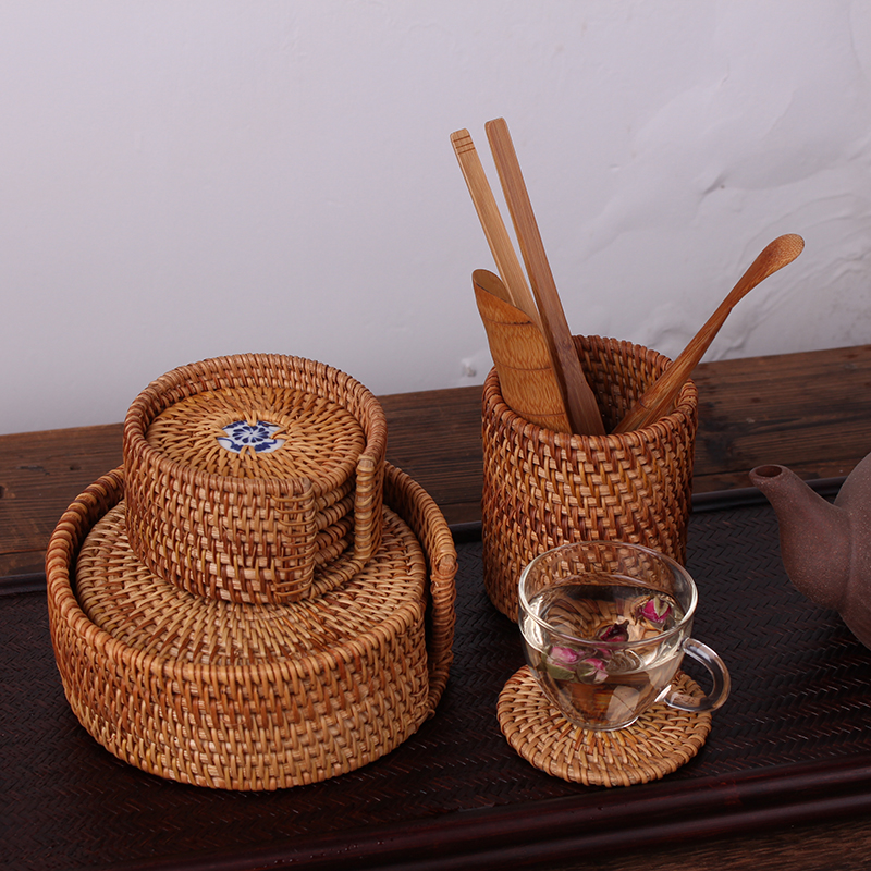 Vietnam old rattan coaster set tea pad tea set six gentleman wooden pot pad Kung Fu tea tea ceremony coaster