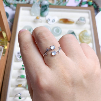 Silver inlaid natural jade a grade ice glue white ice shiny double egg ring
