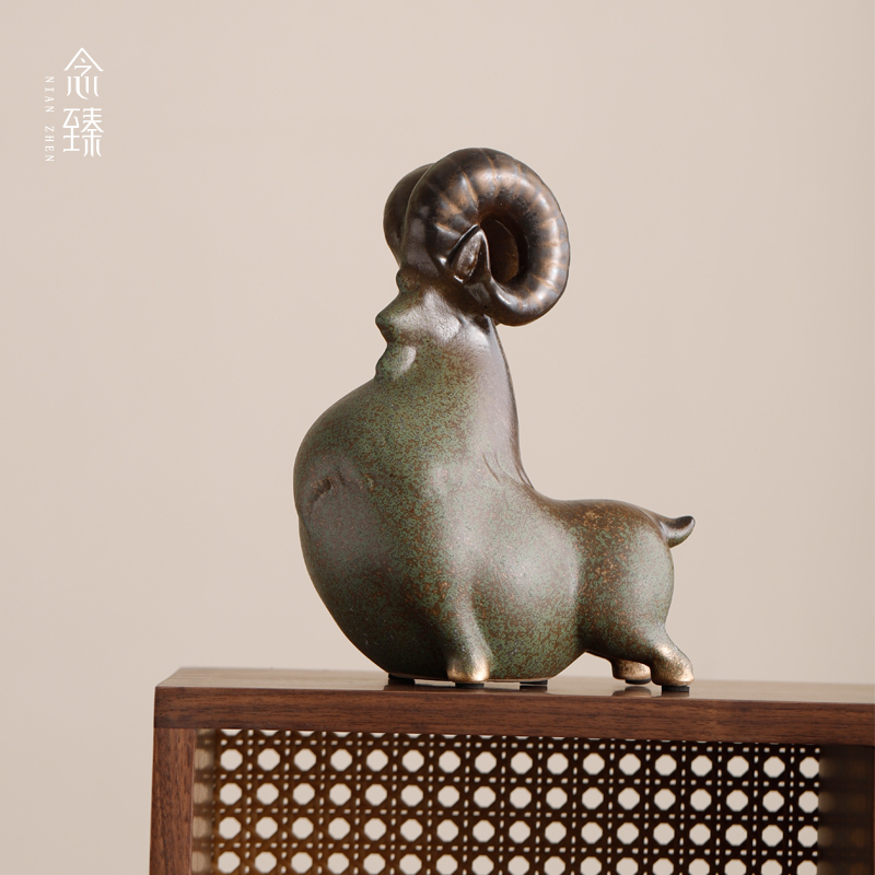 Nianzhen Leading Sheep Figurine Kiln-Transformed Vintage Ceramic Home Decor for Living Room and Office, Creative Chinese Style Decorative Gift