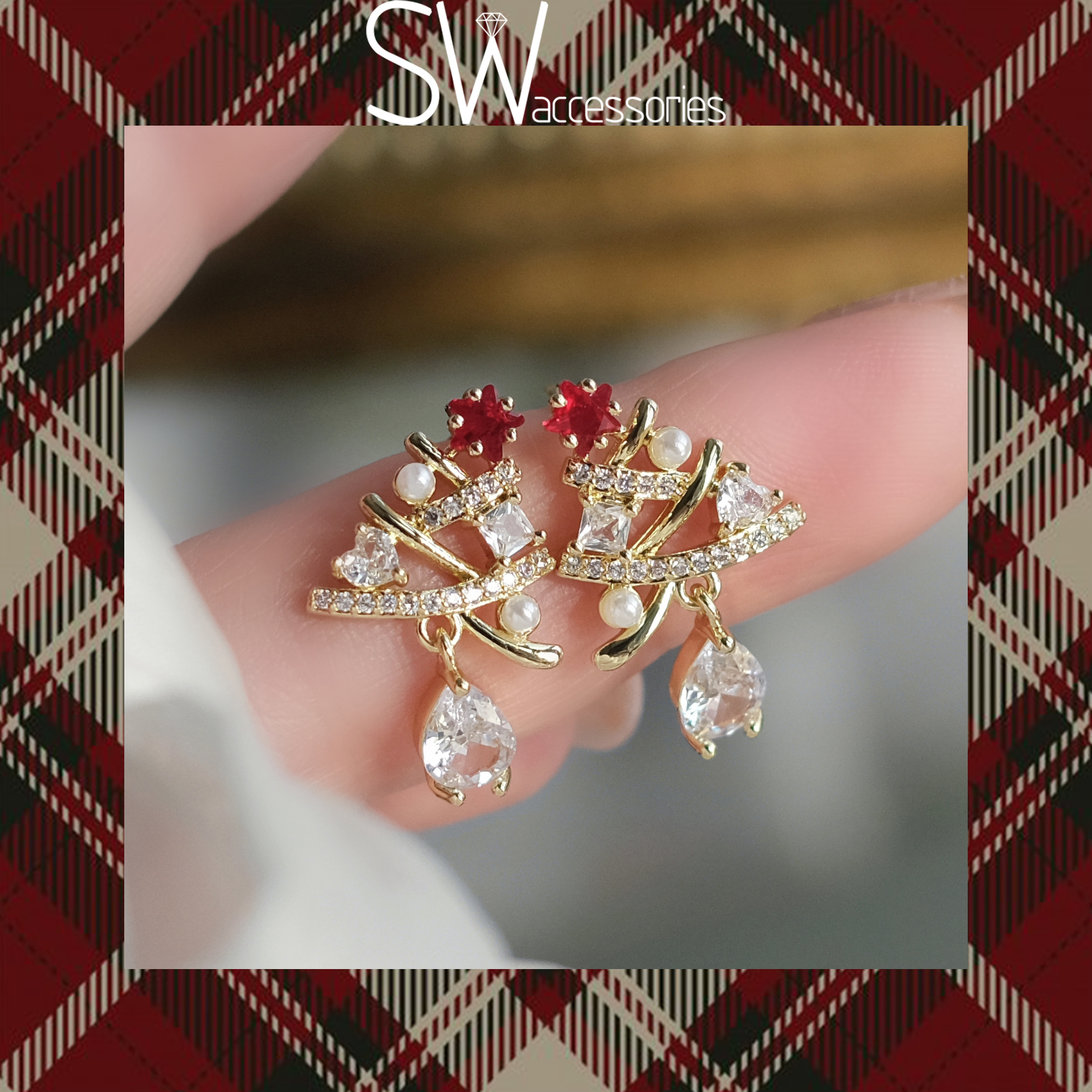 SW Small Christmas Tree Red Pentagram Zircons Delicate Ear Nail Autumn Winter New Year Unique Cute Ear Accessories Advanced-Taobao