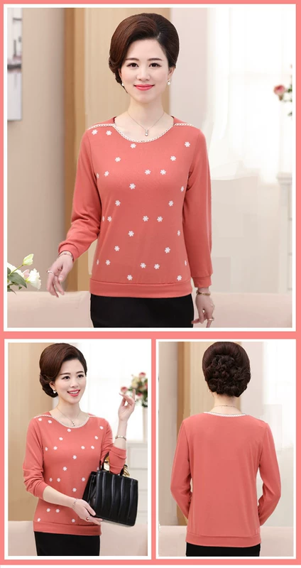 Mùa xuân và mùa thu mới của phụ nữ trung niên áo thun dài tay mẹ mùa thu áo khoác cỡ lớn trung niên in áo khoác đáy