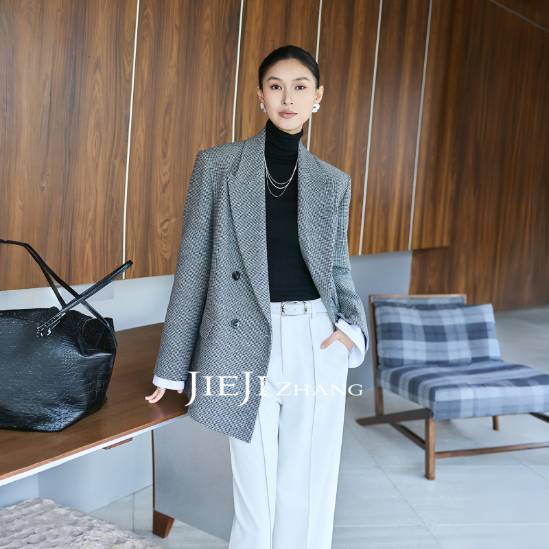 Zhang Qi Jieji Zhang [Black Label Series - Luxurious and Elegant Style] 100% Wool Plaid Lapel Blazer for Women
