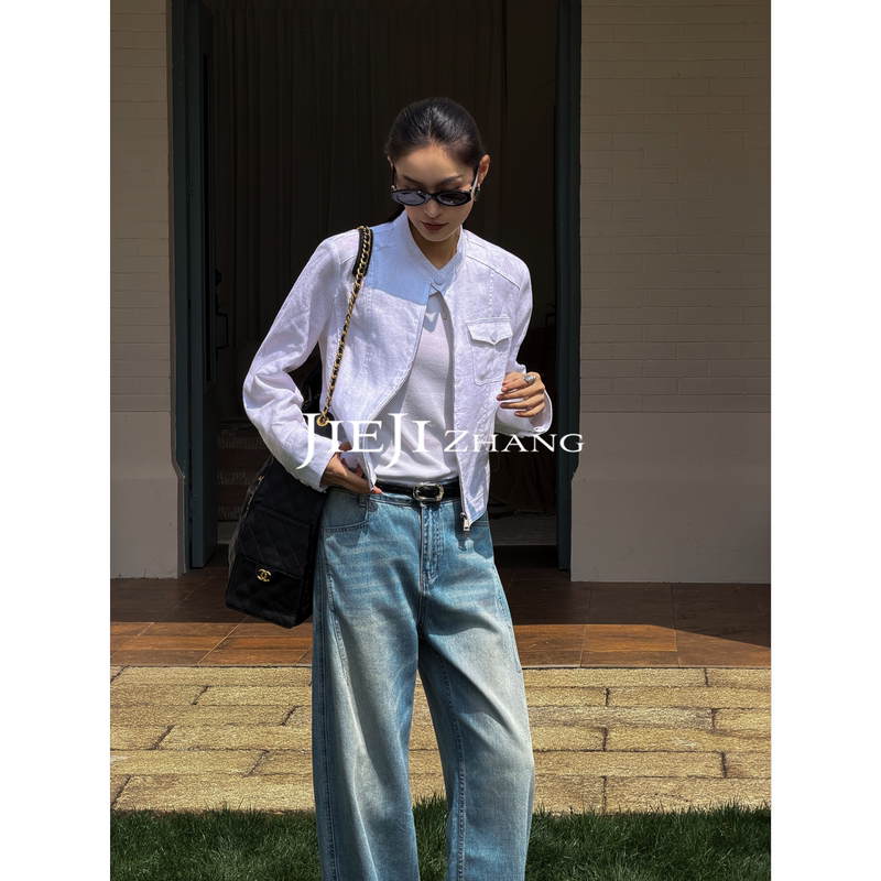 Zhang Qi Jieji【Paper-Thin Jacket】 White Linen Stand-Up Collar Jacket for Women, Summer Elegant Short Top